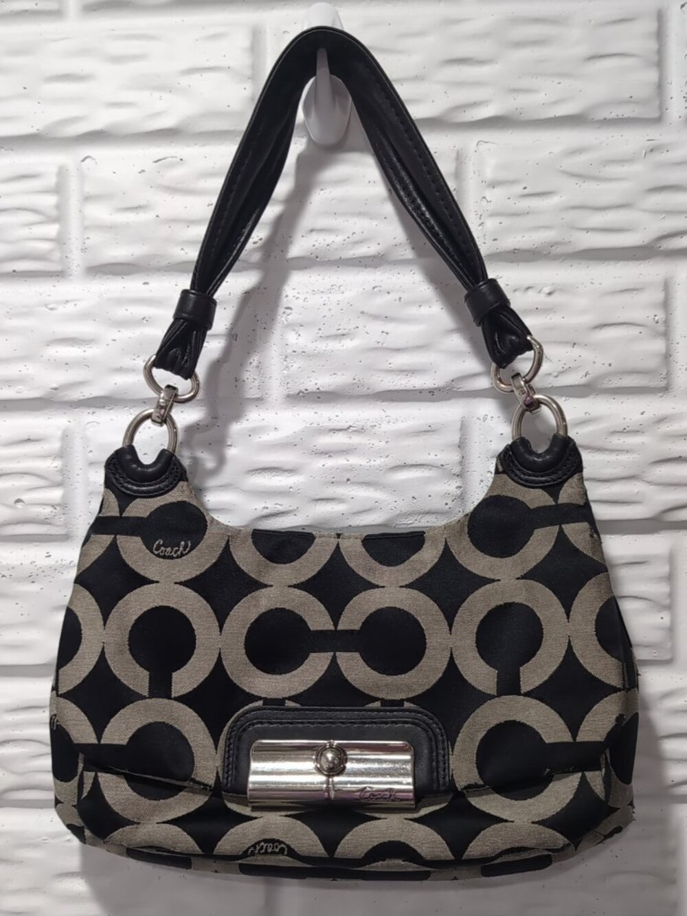 Coach Kristin Op Art Black Tan Signature Logo Shoulder Bag Handbag Purse